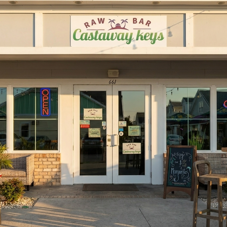 Exterior entrance of Castaway Keys Raw Bar with patio seating, palm plants, neon open signs, and a chalkboard menu.
