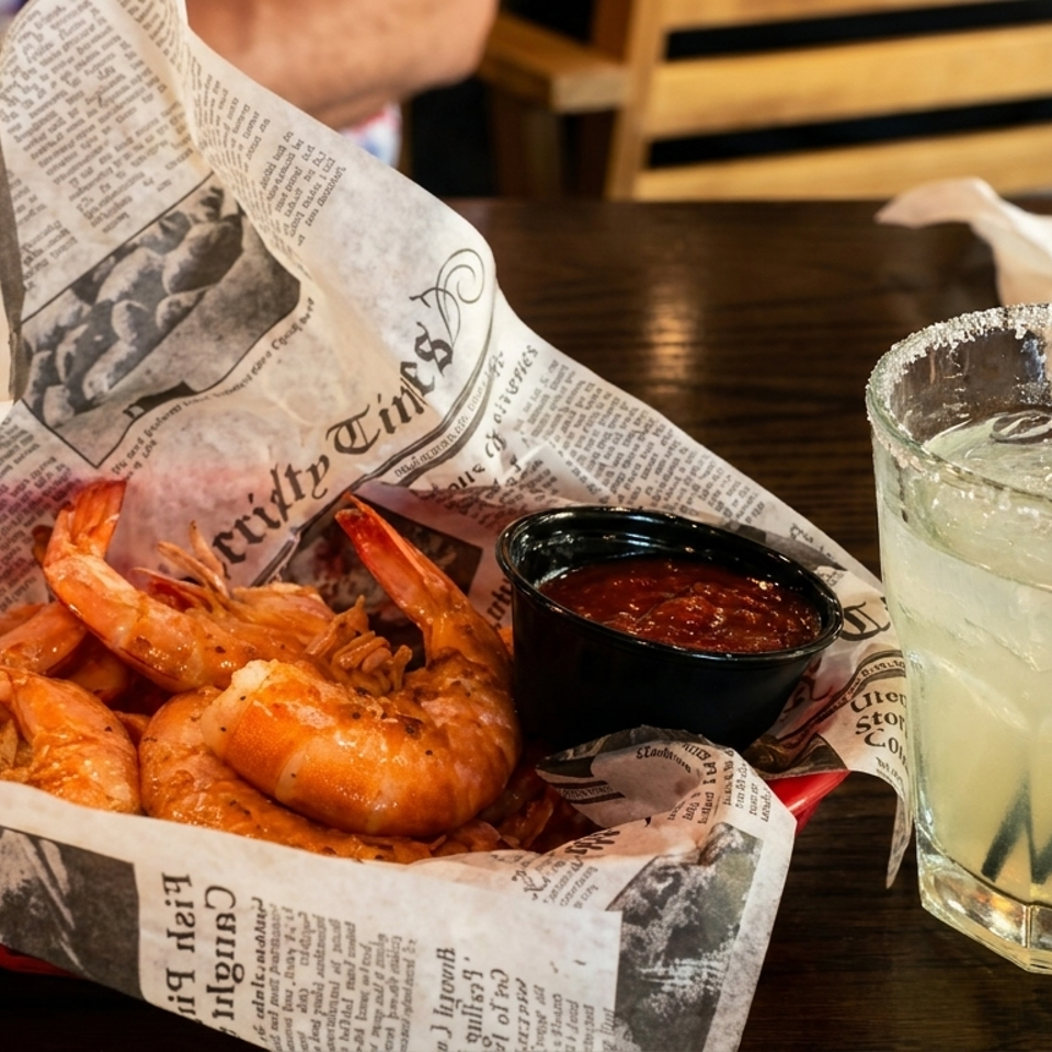 Basket of seasoned shrimp with dipping sauce and an ice-filled salted-rim citrus drink on a restaurant table.